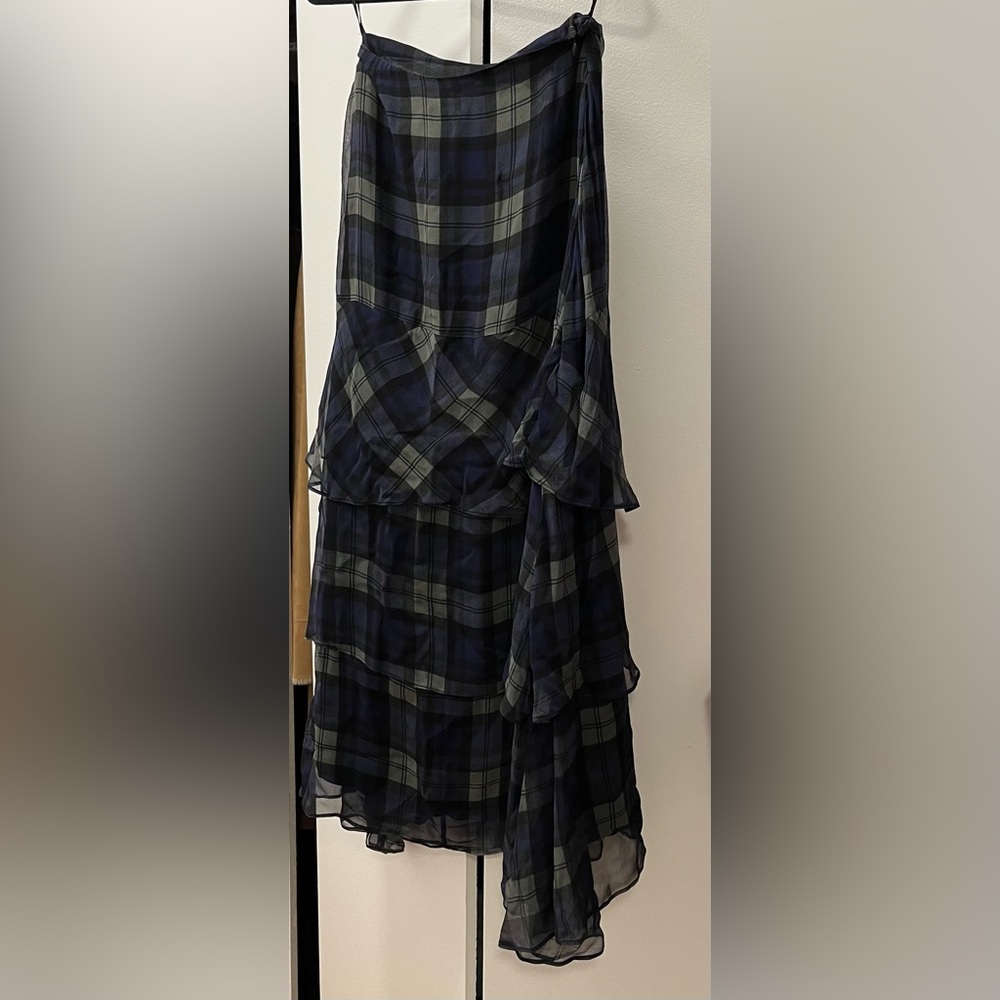 By Marlene Birger Silk Plaid Tiered Midi Skirt - Navy Multi